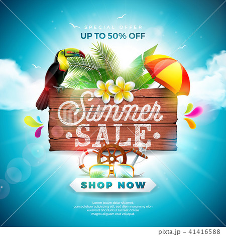 Summer Sale Design with Flower, Toucan and Beach Holiday Elements on Blue Background. Tropical Summer Sale Design with Flower, Toucan and Beach Holiday Elements on Blue Background. Tropical 41416588