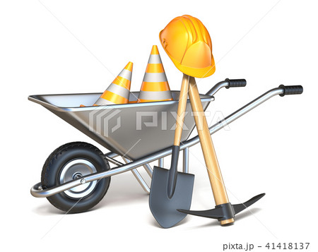 Wheelbarrow with shovel, pickaxe and hardhat 3D 41418137