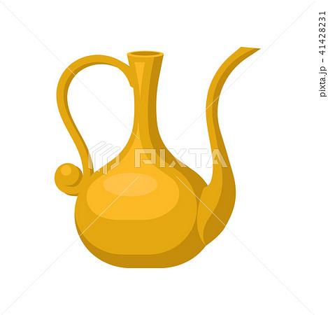 Golden jug with one handle and long snout. Shiny pitcher. Vessel for liquids. Flat vector element 41428231