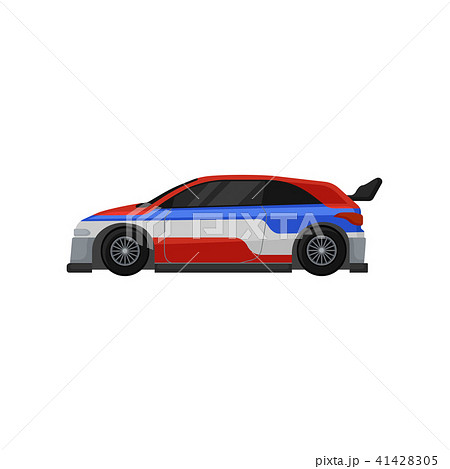 Colorful racing car with tinted windows and spoiler. Extreme auto sport. Flat vector element for Colorful racing car with tinted windows and spoiler. Extreme auto sport. Flat vector element for 41428305