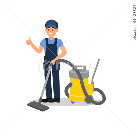 Smiling man with vacuum cleaner showing thumb up. Guy in working overall and cap. Flat vector for 41428322