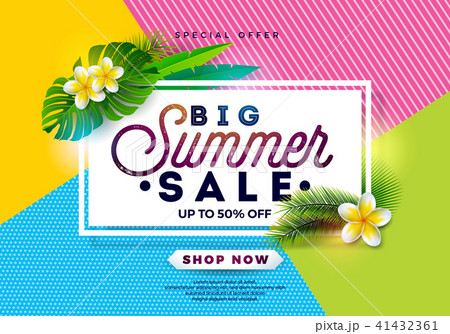 Summer Sale Design with Flower and Exotic Leaves on Abstract Color Background. Tropical Floral 41432361