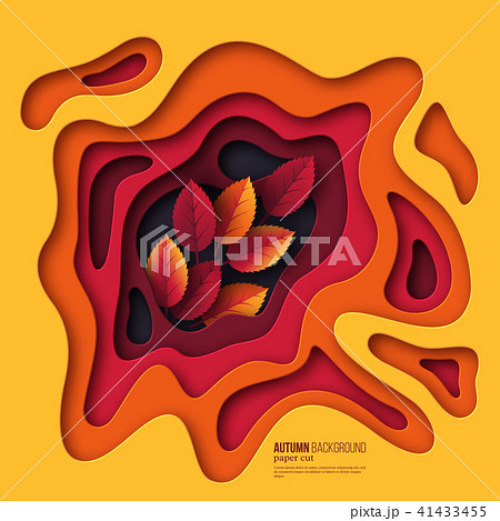 Autumn 3d paper cut background. Abstract shapes with leaves in yellow, orange, purple colors. Design 41433455