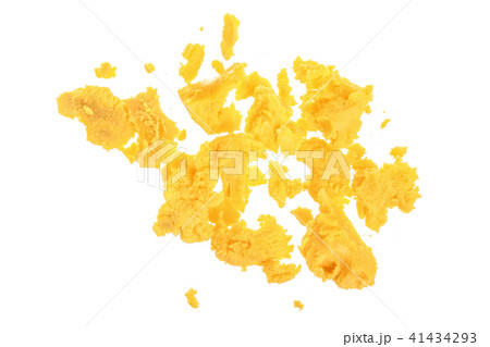 egg yolk crumbled isolated on white background. Top view. Flat lay egg yolk crumbled isolated on white background. Top view. Flat lay 41434293