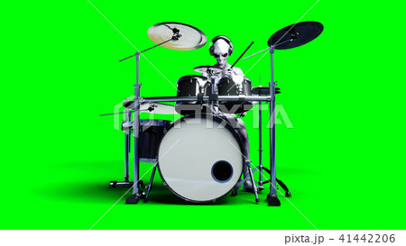Funny alien plays on drums. Realistic motion and skin shaders. 3d rendering. 41442206