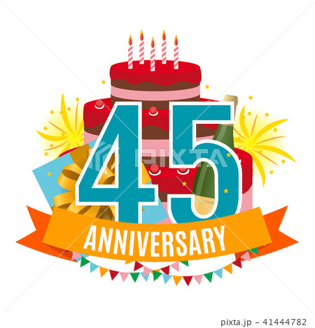Template 45 Years Anniversary Congratulations, Greeting Card with Cake, Gift Box, Fireworks and 41444782