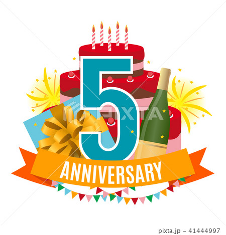Template 5 Years Anniversary Congratulations, Greeting Card with Cake, Gift Box, Fireworks and 41444997