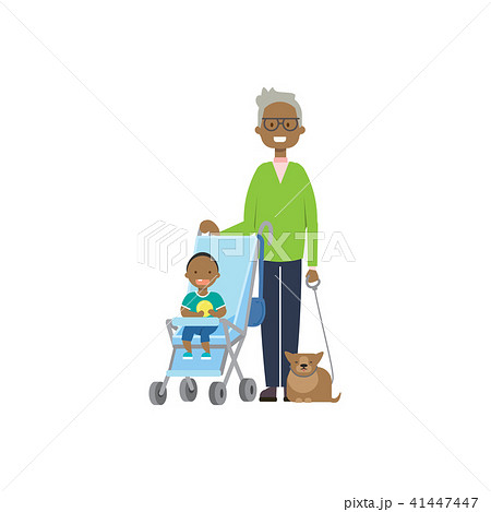 african grandfather with cat and baby grandchildren in stroller, multi generation family, full 41447447