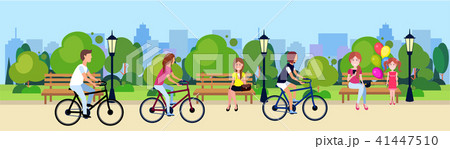 public park people relax sitting wooden bench outdoors walking cycling running green lawn trees on 41447510