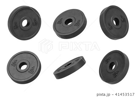 3d rendering of many isolated black 5 kg barbell weights hanging on a white background turned to 41453517