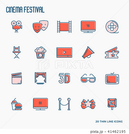 Cinema Festival Thin Line Icons Setのイラスト素材