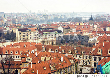 Cloudy day aerial view to clay pot roofs of Prague Cloudy day aerial view to clay pot roofs of Prague 41462654