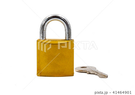 Golden padlock with key on white background 41464901