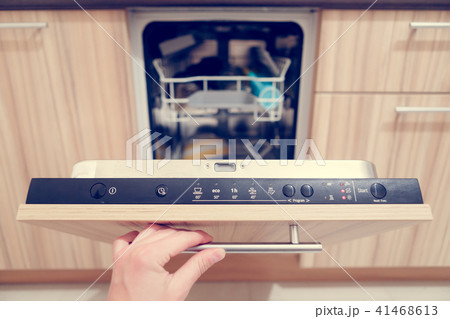 Picture of man's hand opening dishwasher with dirty dishes Picture of man's hand opening dishwasher with dirty dishes 41468613