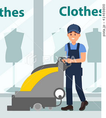 Man cleaning floor in hall of shopping mall. Young guy using scrubber machine. Showcase of boutique 41469800