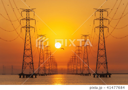 風景 送電塔 日の出 41477684