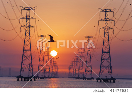 風景 送電塔 日の出 41477685