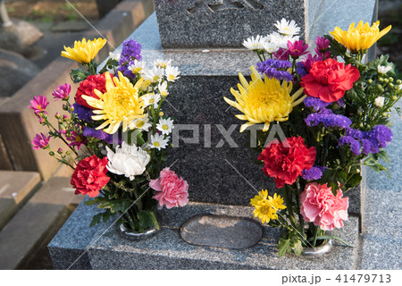 お墓にお供えされた仏花の写真素材