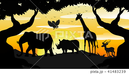 Silhouette Safari Scene At Dawnのイラスト素材