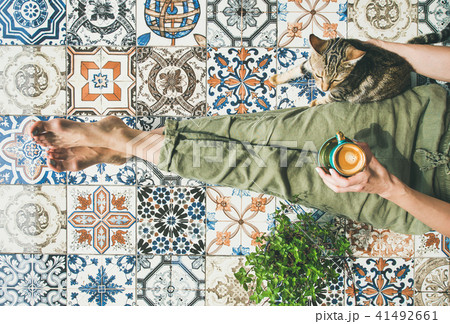 Woman, coffe and cat Woman, coffe and cat 41492661