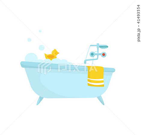 flat vector icon of blue bath with soap foam rubber duck bright