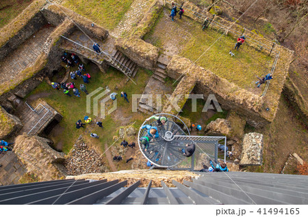 Aerial view of Orlik nad Humpolcem castle ruin with many people, Vysocina, Czech Republic 41494165