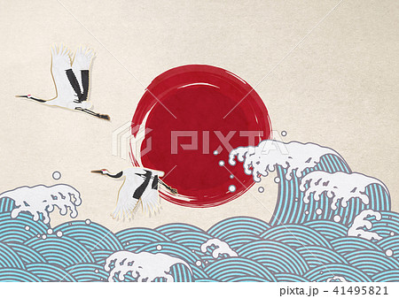 波 水しぶき 日の丸 和紙 鶴のイラスト素材