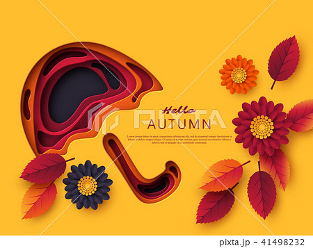 Autumn 3d paper cut umbrella with leaves and flowers. Abstract background with shapes in yellow Autumn 3d paper cut umbrella with leaves and flowers. Abstract background with shapes in yellow 41498232