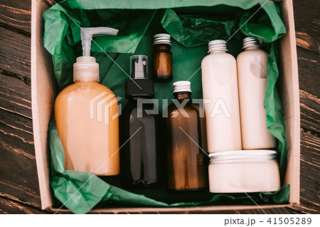 Beauty box with bottles of natural cosmetics Beauty box with bottles of natural cosmetics 41505289