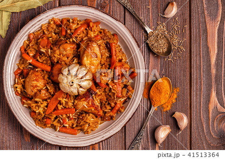 Pilaf (biryani) on a wooden background 41513364