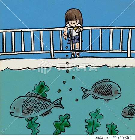生け簀の魚に餌付けする女の子のイラスト素材