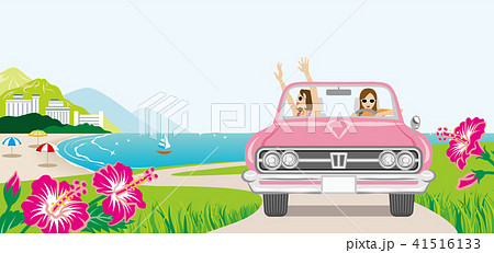 ピンクのオープンカーでドライブする二人の女性 ハイビスカスの咲く丘のイラスト素材