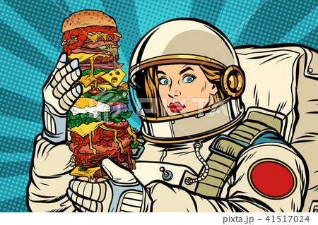 Hungry woman astronaut with giant Burger 41517024