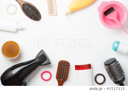 Photo accessories of hairdresser, hair dryer, combs located in circle Photo accessories of hairdresser, hair dryer, combs located in circle 41517113