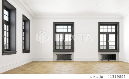 Classic scandinavian white empty interior with windows, parquet and heating batteries. Big room. 41519895