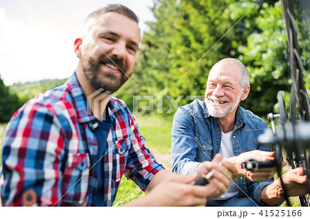 An adult hipster son and senior father repairing bicycle outside on a sunny day. An adult hipster son and senior father repairing bicycle outside on a sunny day. 41525166