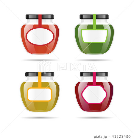 Realistic transparent glass jar with jam, confiture or sauce. Preserving packaging set. Label and 41525430