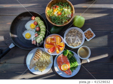 Set of food for the whole day. 41529032