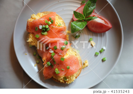 Scrambled eggs with smoked salmon on toast , Breakfast food Scrambled eggs with smoked salmon on toast , Breakfast food 41535243