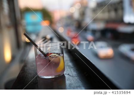 strawberry soda on outdoor urban background 41535694