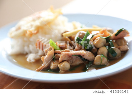 Stir Fried Oyster Sauce with pork and rice with Fried Egg on top , Thai food 41536142