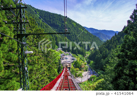 新緑の御岳山 御岳山ケーブルカー車内から線路と滝本駅を見下ろす風景 