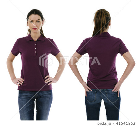 Brunette woman posing with blank purple polo shirt Brunette woman posing with blank purple polo shirt 41541852