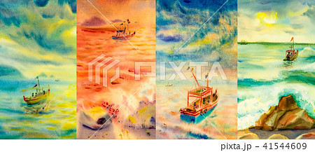 Watercolor painting seascapes at different time. 41544609