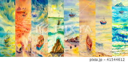 Watercolor painting seascapes at different time. 41544612