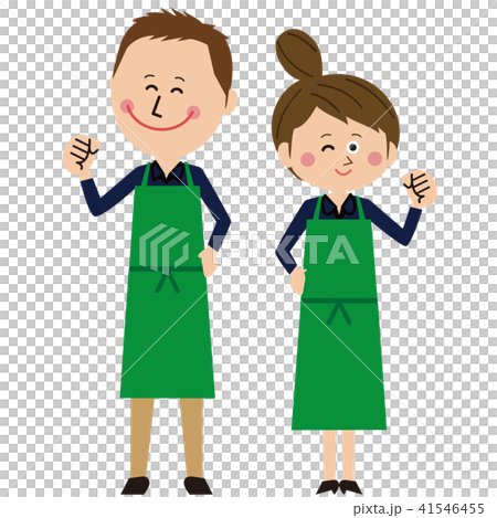 Navy blue long-sleeved men and women who played pop green apron got pose 41546455