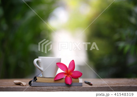 White cup with frangipani flower and notebooks White cup with frangipani flower and notebooks 41548319