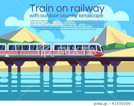 Train on railway with outdoor country landscape. Vector travel concept background Train on railway with outdoor country landscape. Vector travel concept background 41550500