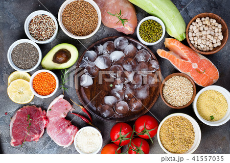 Frame of Healthy food Clean eating selection Including Certain Protein Prevents Cancer on a dark 41557035