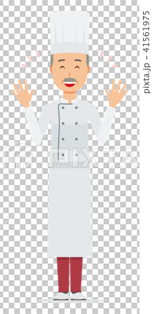 コックコートを着用した年配の料理人が両手を広げている 41561975